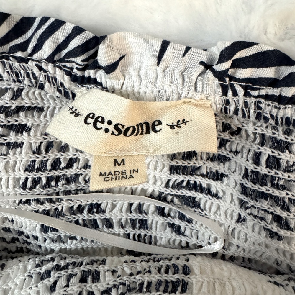 ee:some White & Navy Blue Palm Print Tiered Skirt Smocked Strapless Maxi Dress - Picture 8 of 14